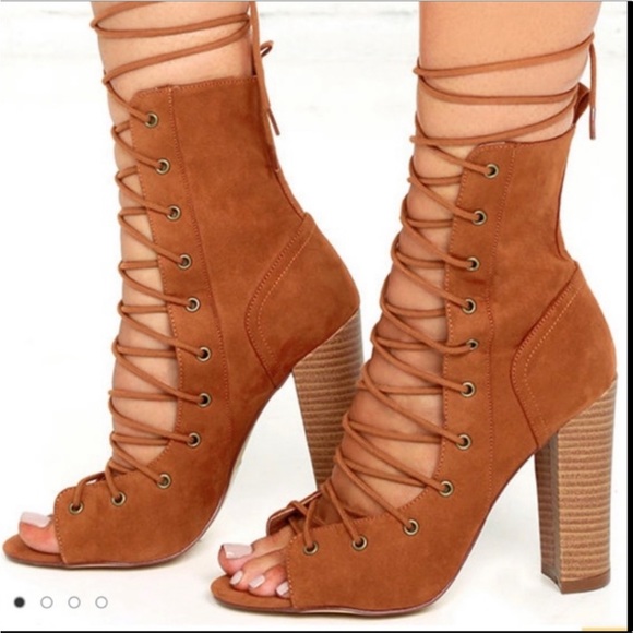 Lulus Shoes Lulus Sierra Tan Laceup High Heel Booties Size 7 Poshmark